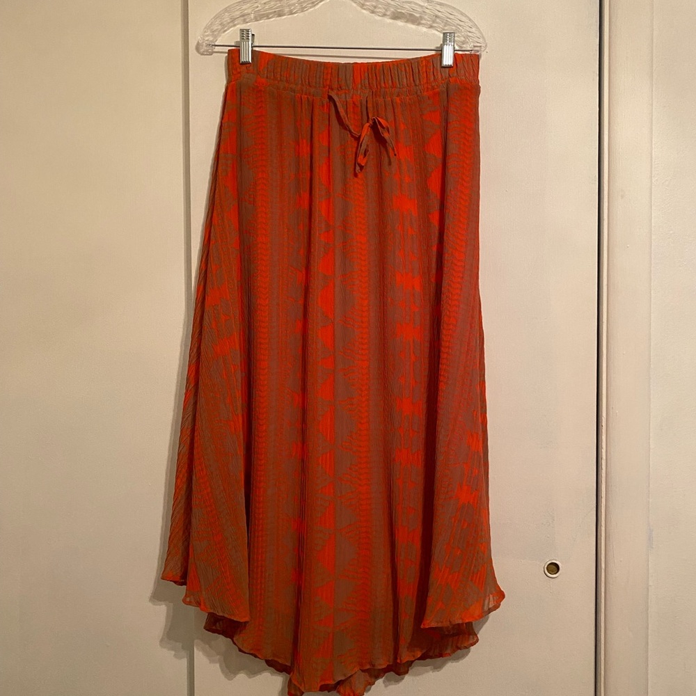 New York & Company Flowy Chic Casual Orange Printed Midi Skirt, Women’s Size S